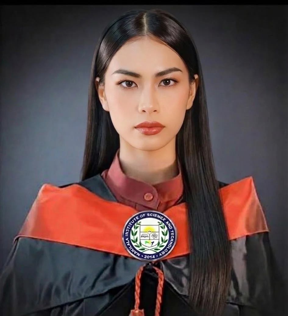 Joana Marie Legaspi in her graduation gown and orange academic stole